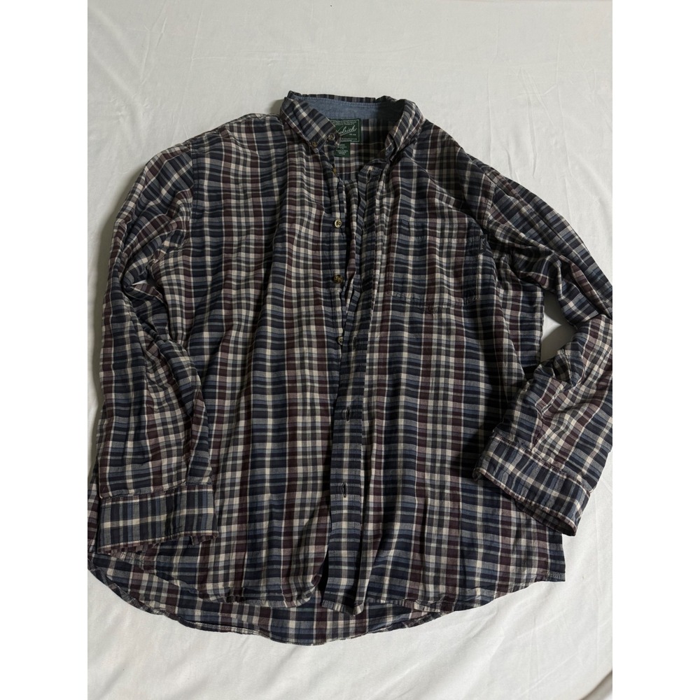 Vintage Woolrich Mens Plaid Button Down Shirt Long Sleeve Navy Burgundy Large